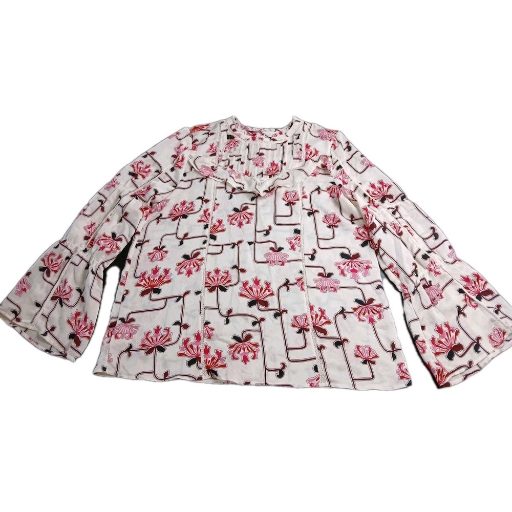 Ann Taylor Women Large BOHO Top White Pink Floral‎ Ruffle Bell Sleeve #466C